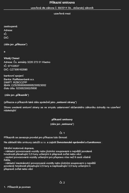 Příkazní smlouva — официальный договор с клиентом, страница 1